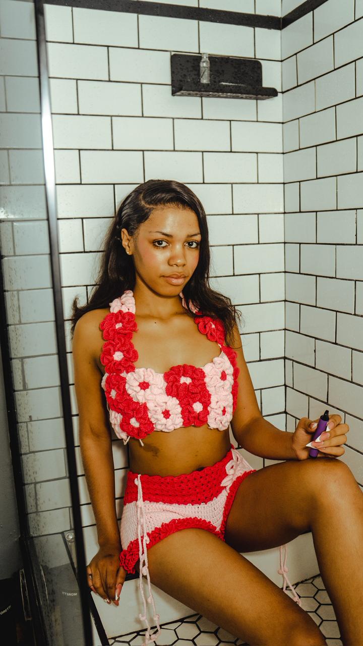 Woman in a handcrafted crochet bikini